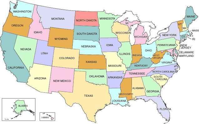 Штаты США, с указанием столиц штата